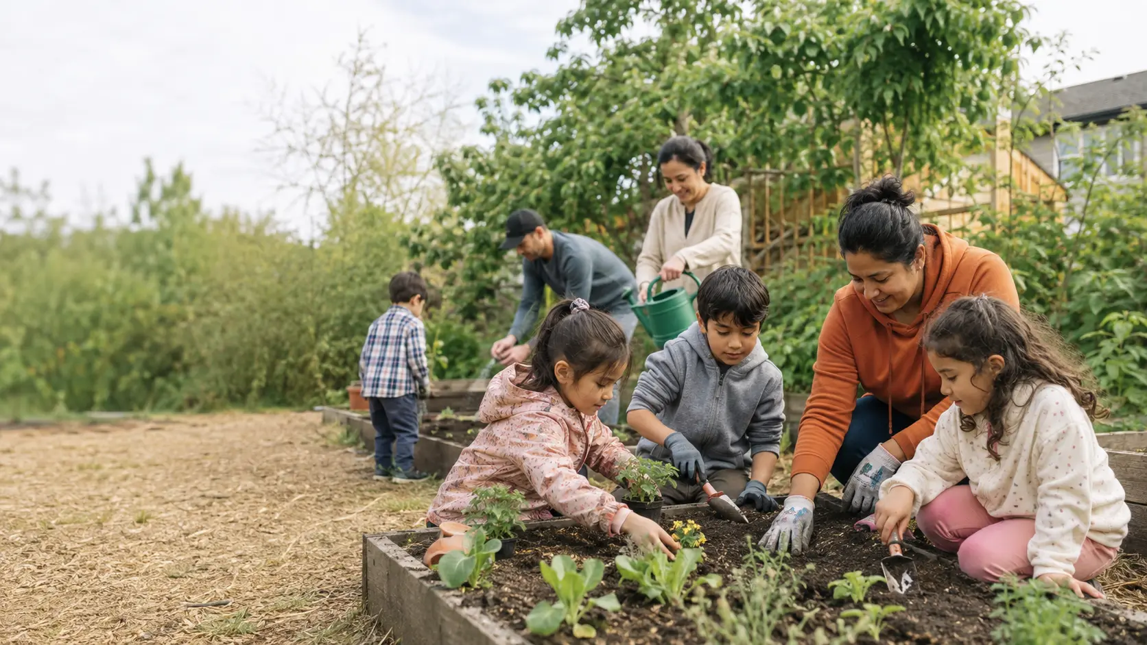 Children and volunteers learning together in a community garden