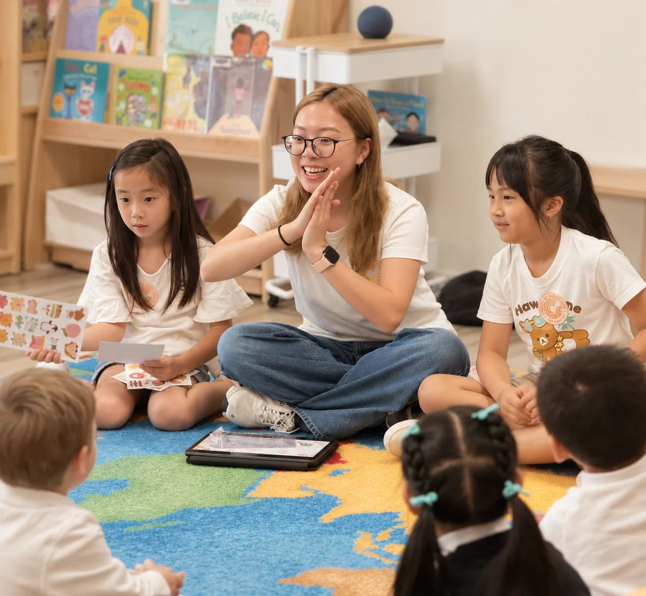 An educator and children taking part in a kindness learning circle