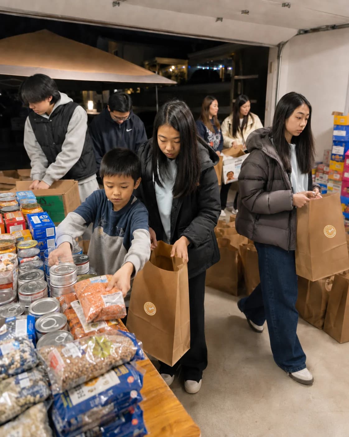 Children and volunteers packing food into community care bags